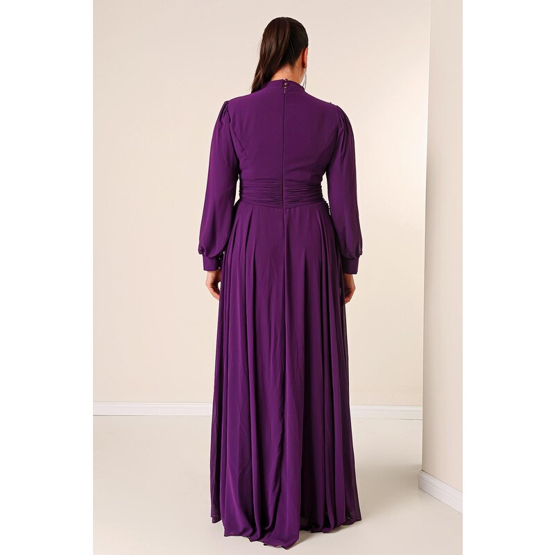 By Saygı Beaded Embroidered Lined Plus Size Long Chiffon Dress with Flounce on the Front