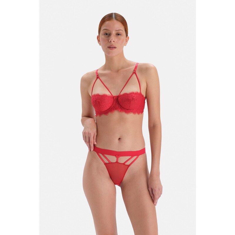 Dagi Red String Detailed Fishnet Brazilian Panties