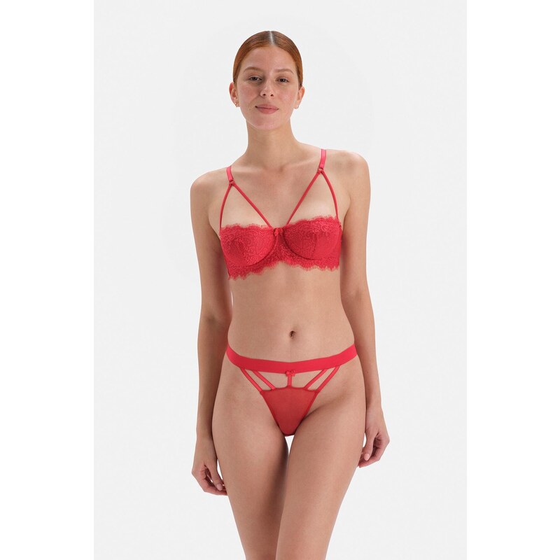 Dagi Red String Detailed Fishnet Brazilian Panties