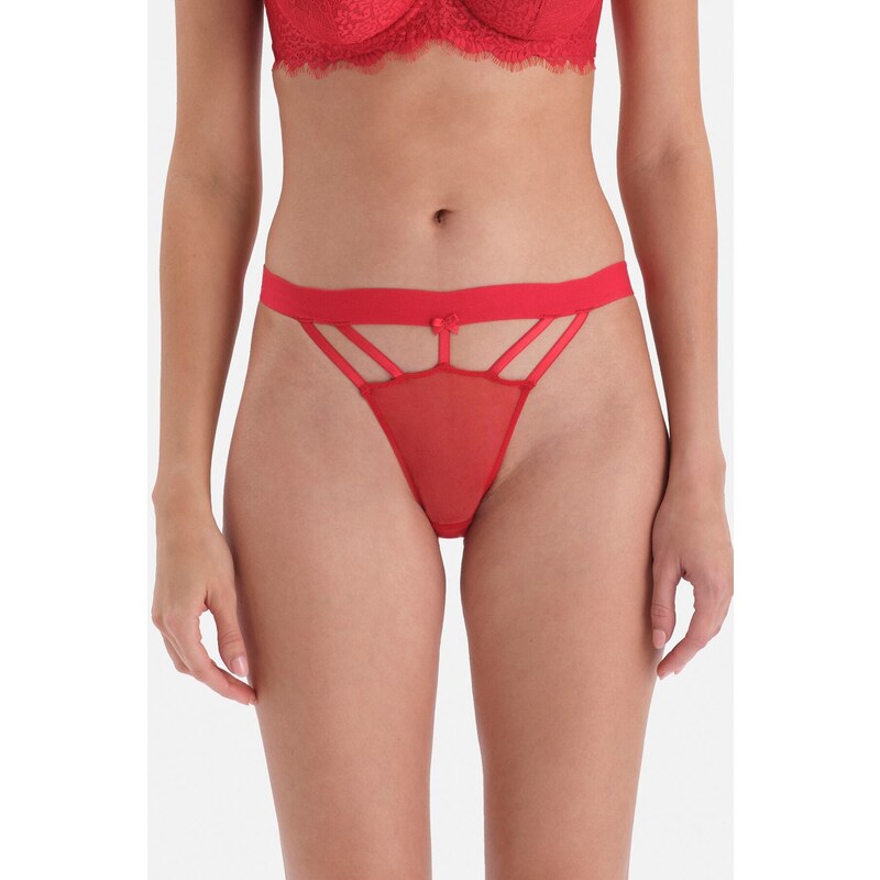 Dagi Red String Detailed Fishnet Brazilian Panties