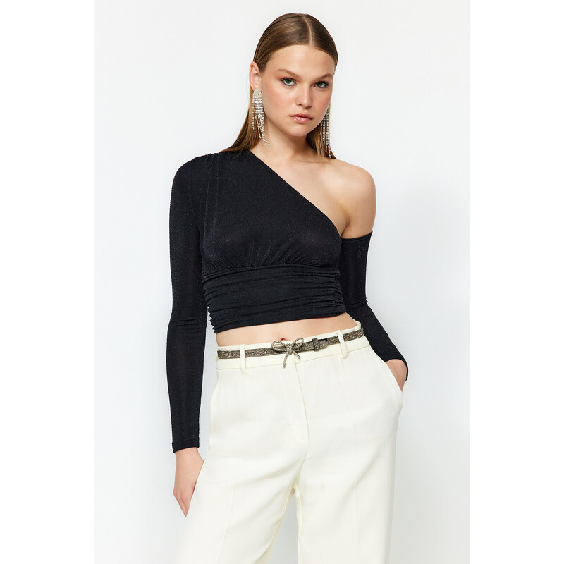 Trendyol Černý Lesklý Stříbrný Pletený Bustier 107066254