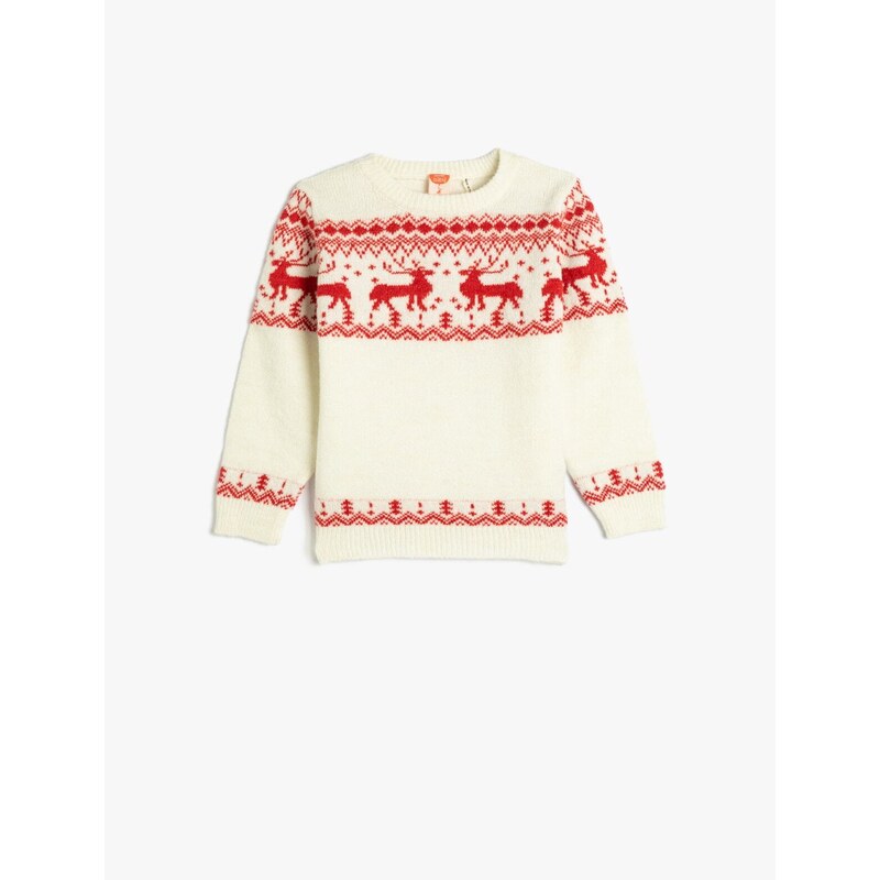 Koton Sweater Deer Pattern Round Neck Soft Textured