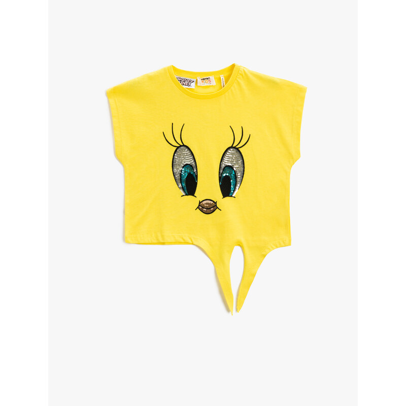 Koton Tweety Licensed T-Shirt. Sequined Embroidered Short Sleeves with Tie Waist Crewneck.