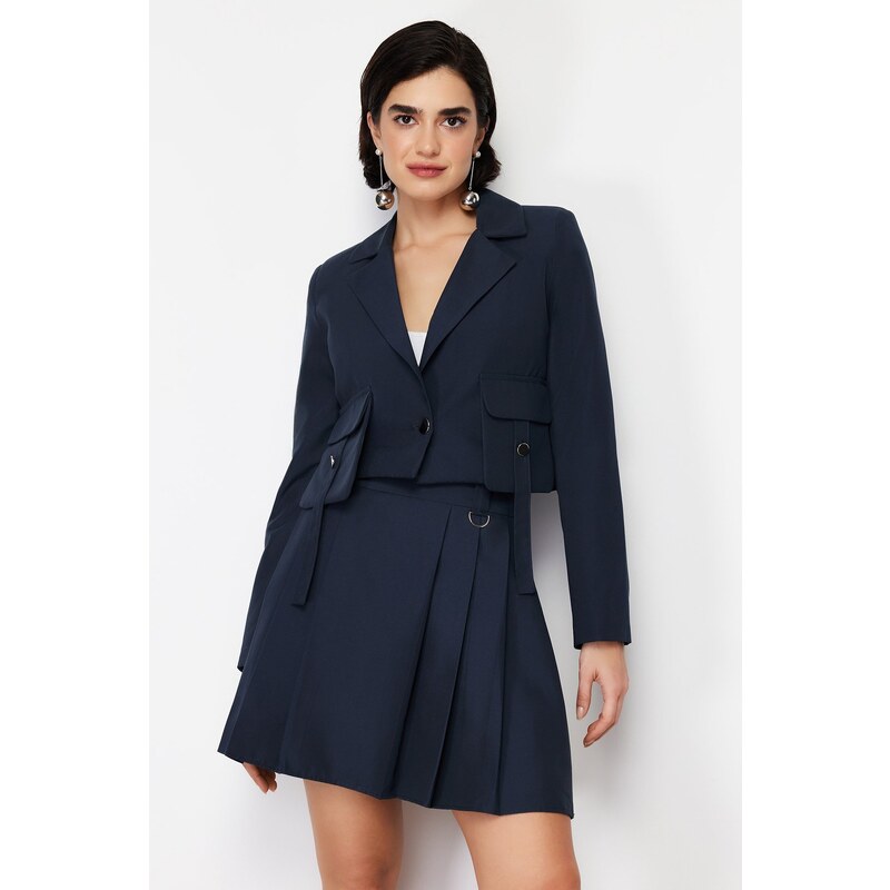 Trendyol Navy Blue Pocket Detailed Crop Woven Blazer Jacket