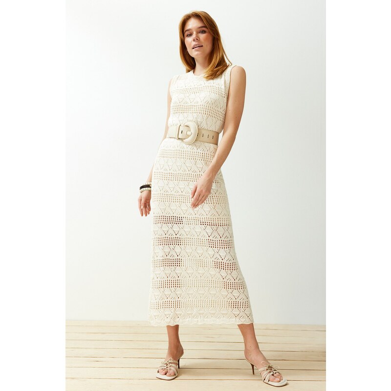 Trendyol Stone Maxi Knitwear Lined Openwork/Pierced Dress