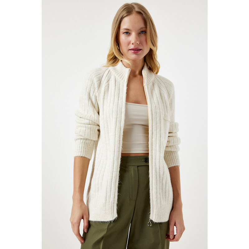 Happiness İstanbul Women's Cream Zippered Knitwear Cardigan