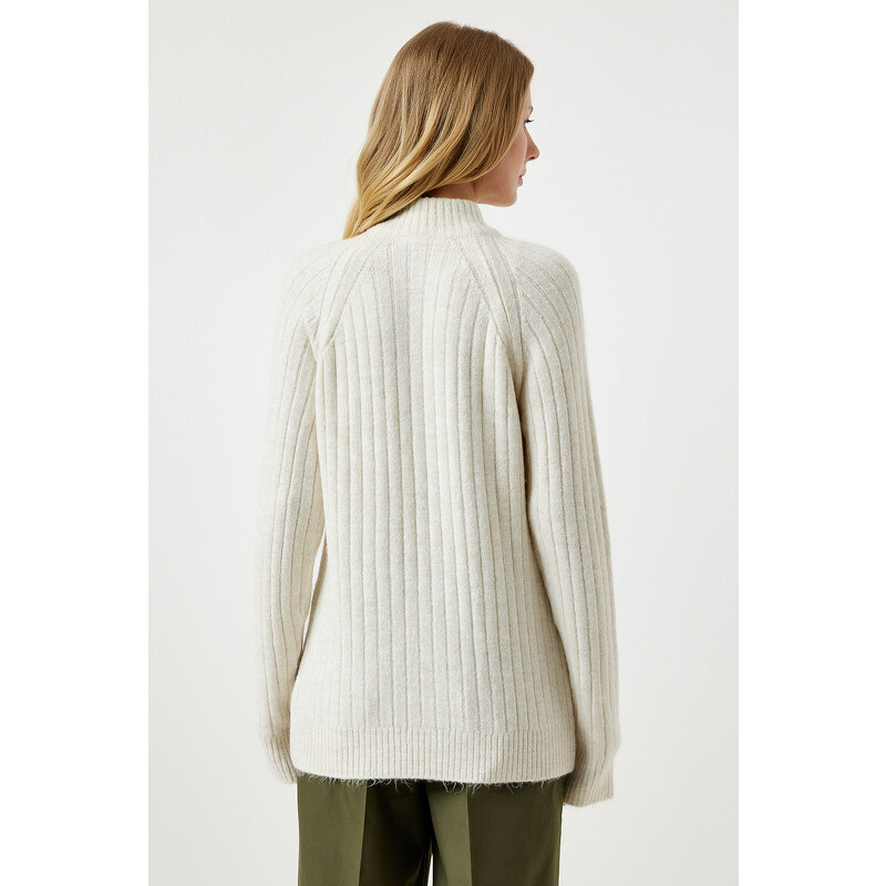 Happiness İstanbul Women's Cream Zippered Knitwear Cardigan