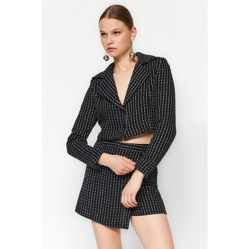 Trendyol Black Crop Silvery Tweed Woven Blazer Jacket