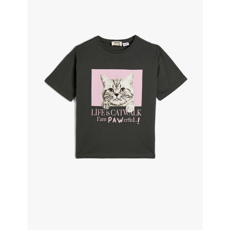 Koton Oversized T-Shirt Short Sleeved Crew Neck Cat Printed Cotton