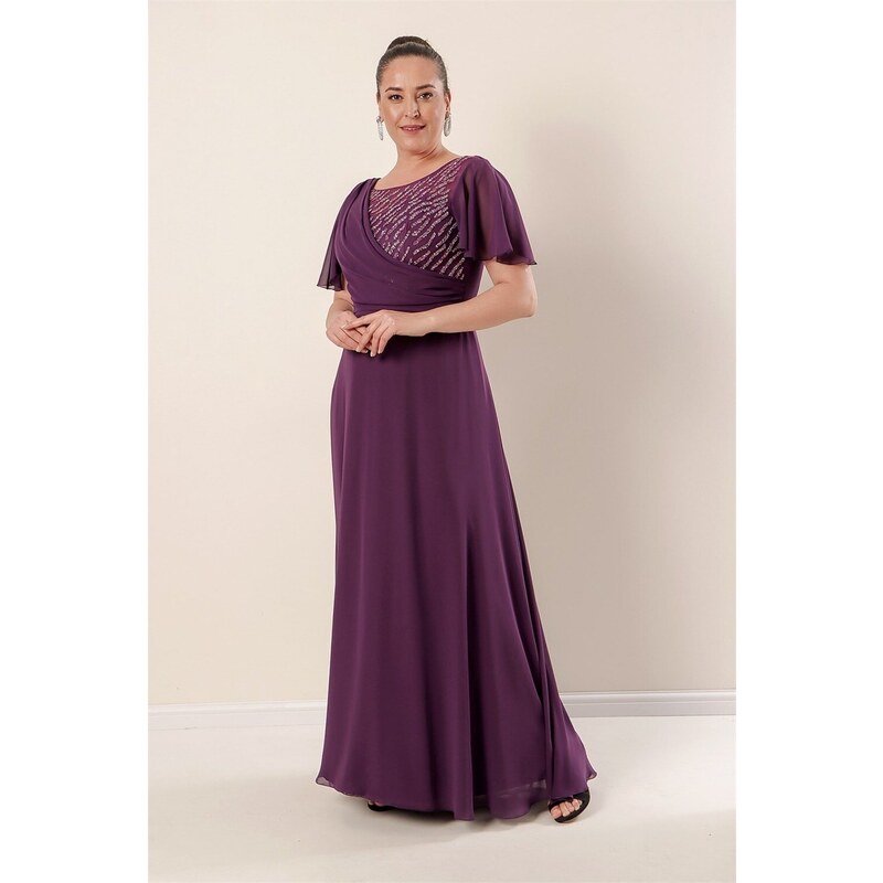 By Saygı Wide Size Range Damson Long Plus Size Chiffon Front Beaded Embroidered Lining