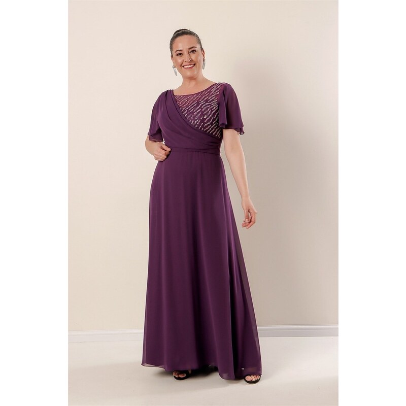 By Saygı Wide Size Range Damson Long Plus Size Chiffon Front Beaded Embroidered Lining
