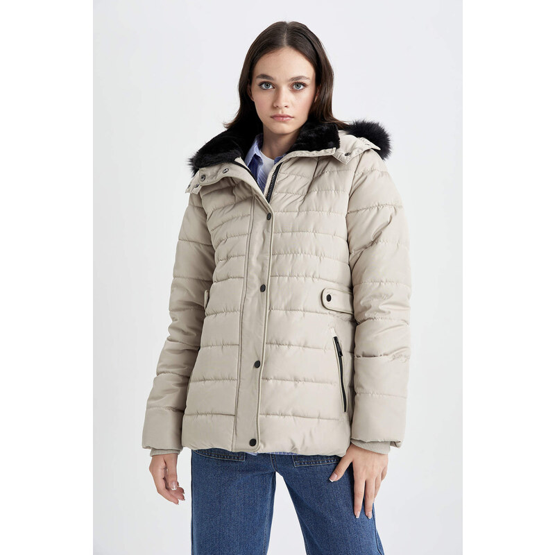 DEFACTO Waterproof Regular Fit Faux Fur Puffer Jacket