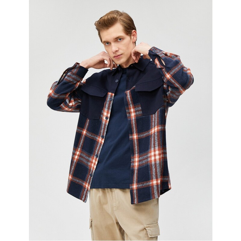 Koton Lumberjack Shirt with Block Detail, Classic Collar with Pocket