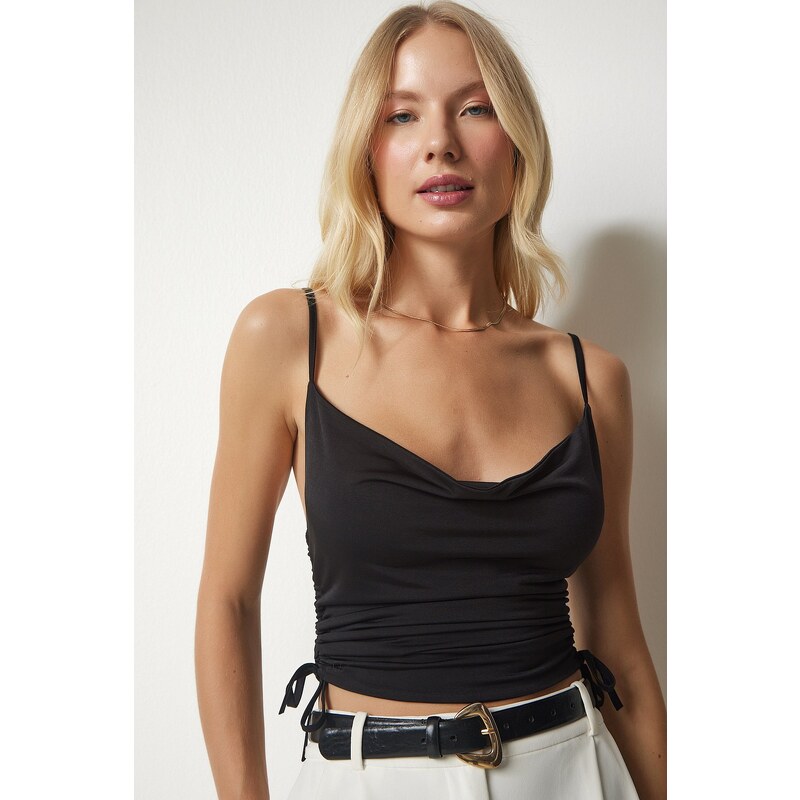 Happiness İstanbul Women's Black Strappy Gathered Detail Sandy Crop Blouse
