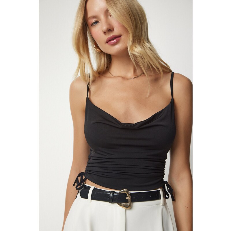 Happiness İstanbul Women's Black Strappy Gathered Detail Sandy Crop Blouse