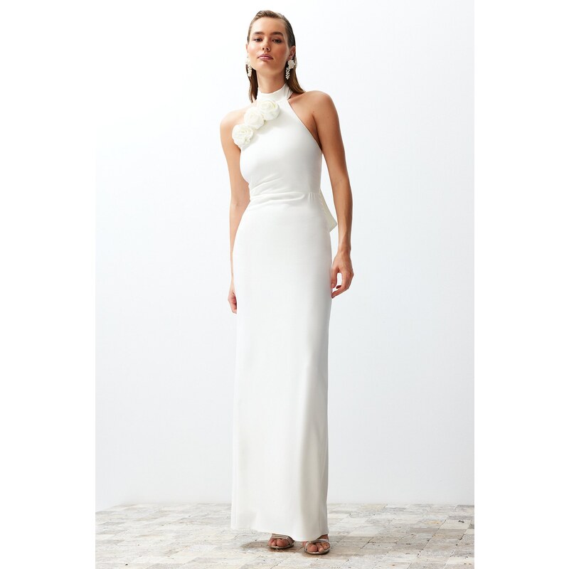 Trendyol Bridal White Rose Detailed Elegant Evening Dress