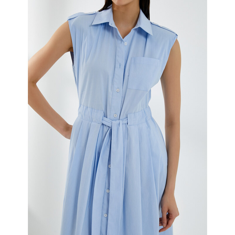 Koton Shirt Dress Belted Pleated Buttoned Sleeveless Midi Length Cotton