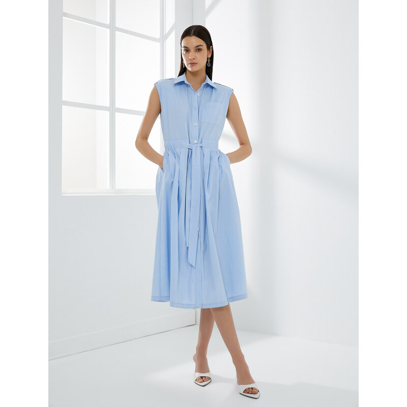 Koton Shirt Dress Belted Pleated Buttoned Sleeveless Midi Length Cotton