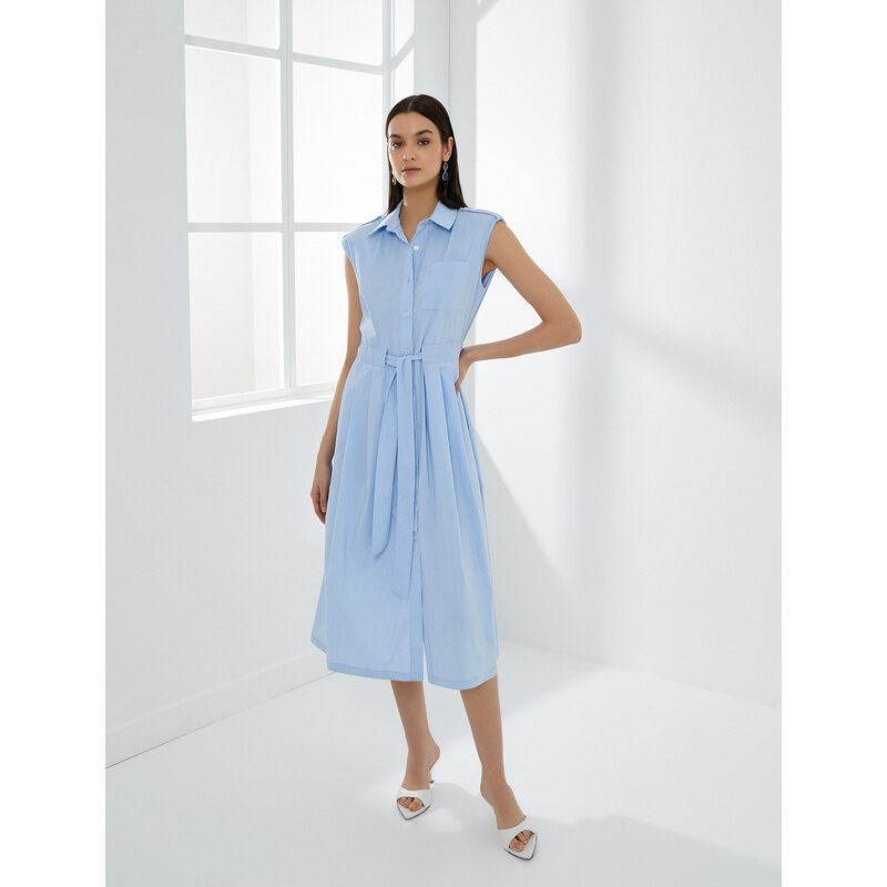 Koton Shirt Dress Belted Pleated Buttoned Sleeveless Midi Length Cotton