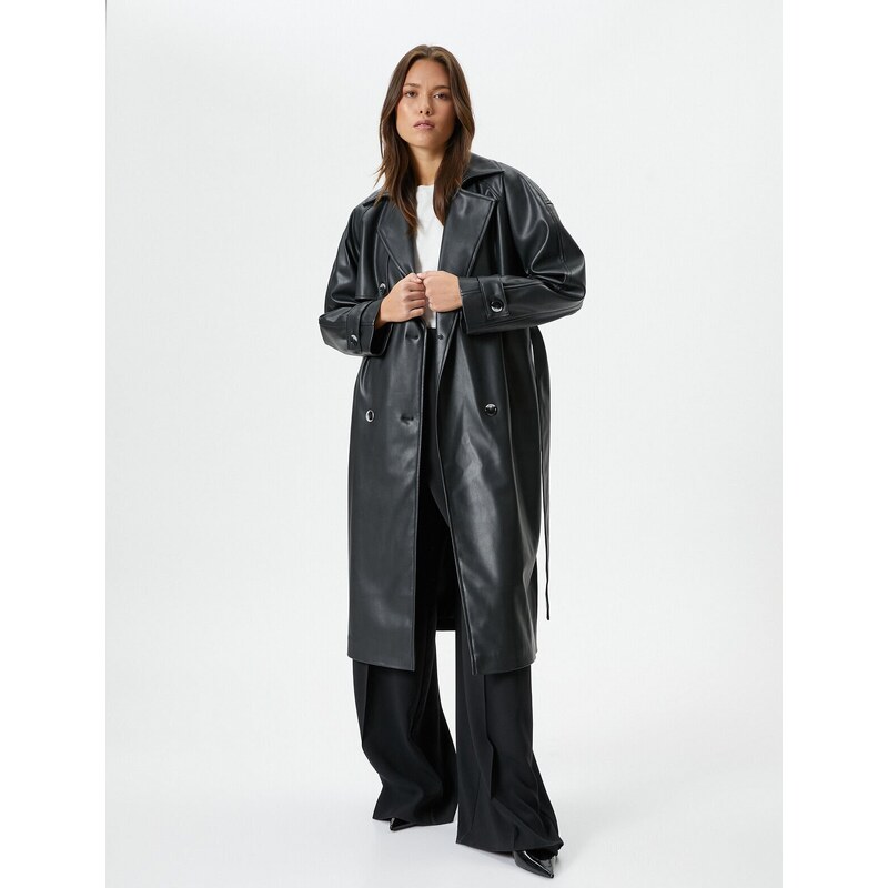 Koton Faux Leather Trench Coat Belted Buttoned Double Breasted