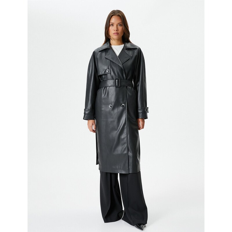 Koton Faux Leather Trench Coat Belted Buttoned Double Breasted