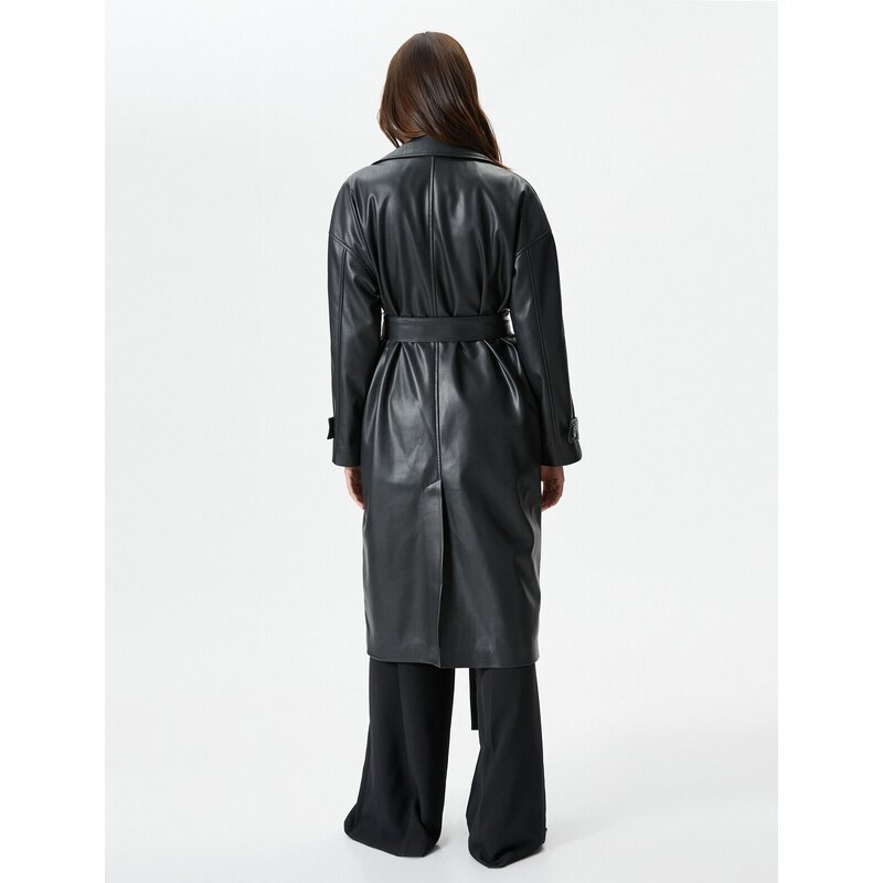 Koton Faux Leather Trench Coat Belted Buttoned Double Breasted