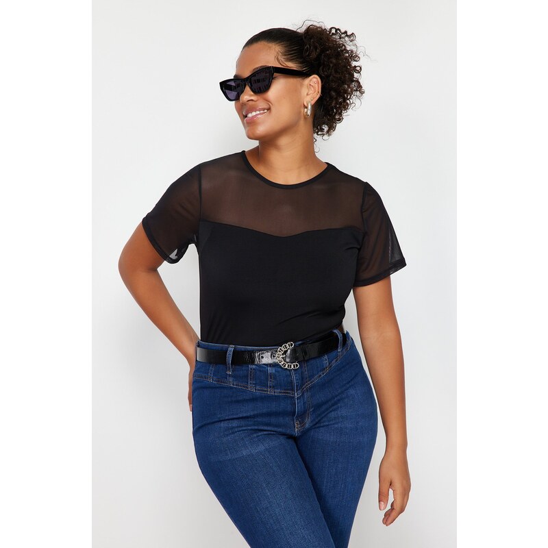 Trendyol Curve Black Heart Neck Mesh Detailed Knitted Blouse