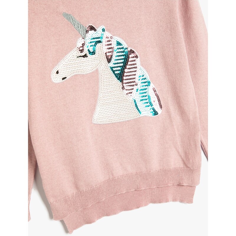 Koton Unicorn Sweater Long Sleeve Crew Neck Sequin Embroidered