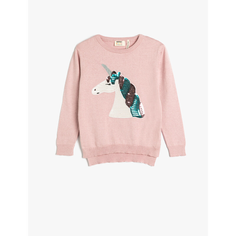 Koton Unicorn Sweater Long Sleeve Crew Neck Sequin Embroidered