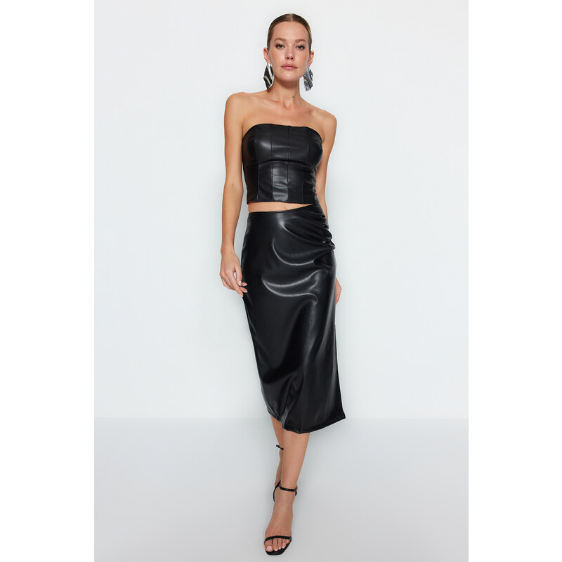 Trendyol Black Crop Faux Leather Bustier