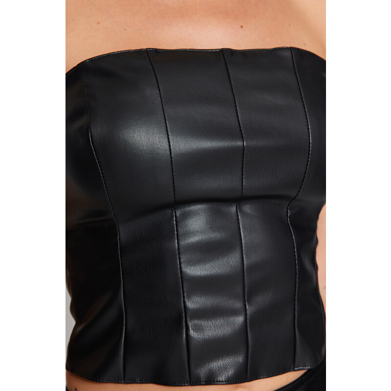 Trendyol Black Crop Faux Leather Bustier