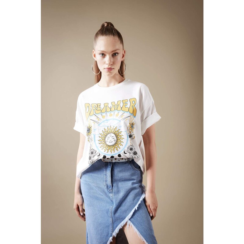 DEFACTO Oversize Fit Crew Neck Printed Cotton T-Shirt