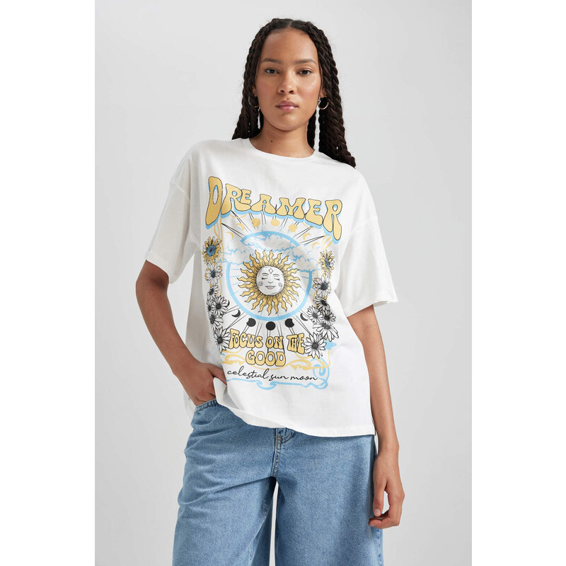 DEFACTO Oversize Fit Crew Neck Printed Cotton T-Shirt