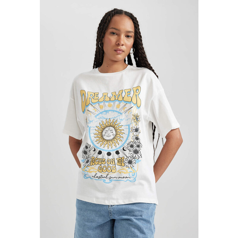 DEFACTO Oversize Fit Crew Neck Printed Cotton T-Shirt