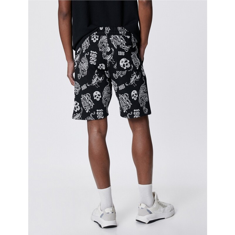 Koton Lace Waist Shorts Skull Printed Pocket Detailed Slim Cut