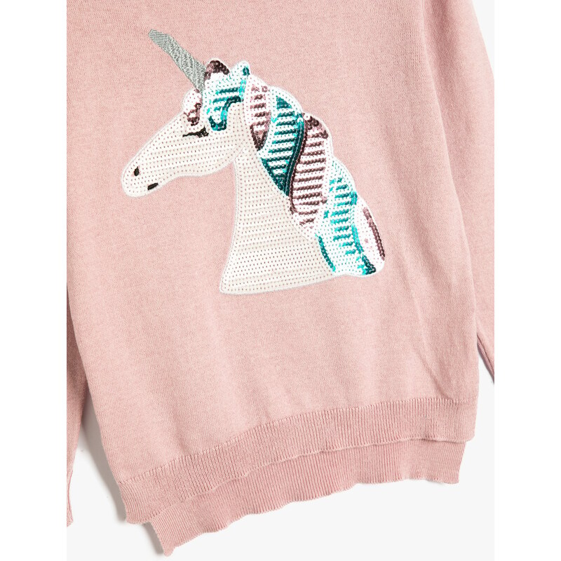 Koton Unicorn Sweater Long Sleeve Crew Neck Sequin Embroidered