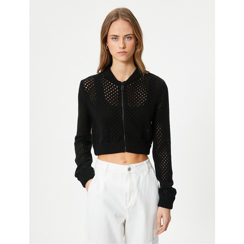 Koton Crop Knitwear Cardigan Openwork Zipper Cotton Blended