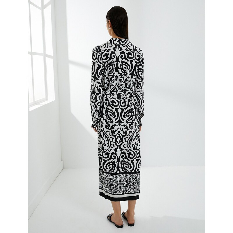 Koton Ethnic Patterned Midi Shirt Dress Belted Button Long Sleeve