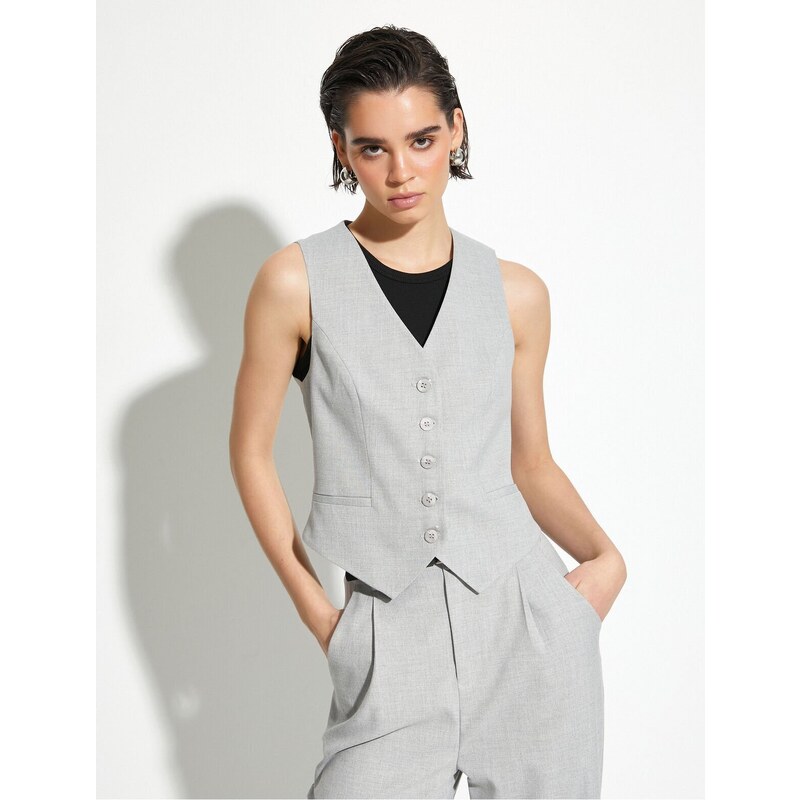 Koton Vest V Neck Buttoned Viscose Blended