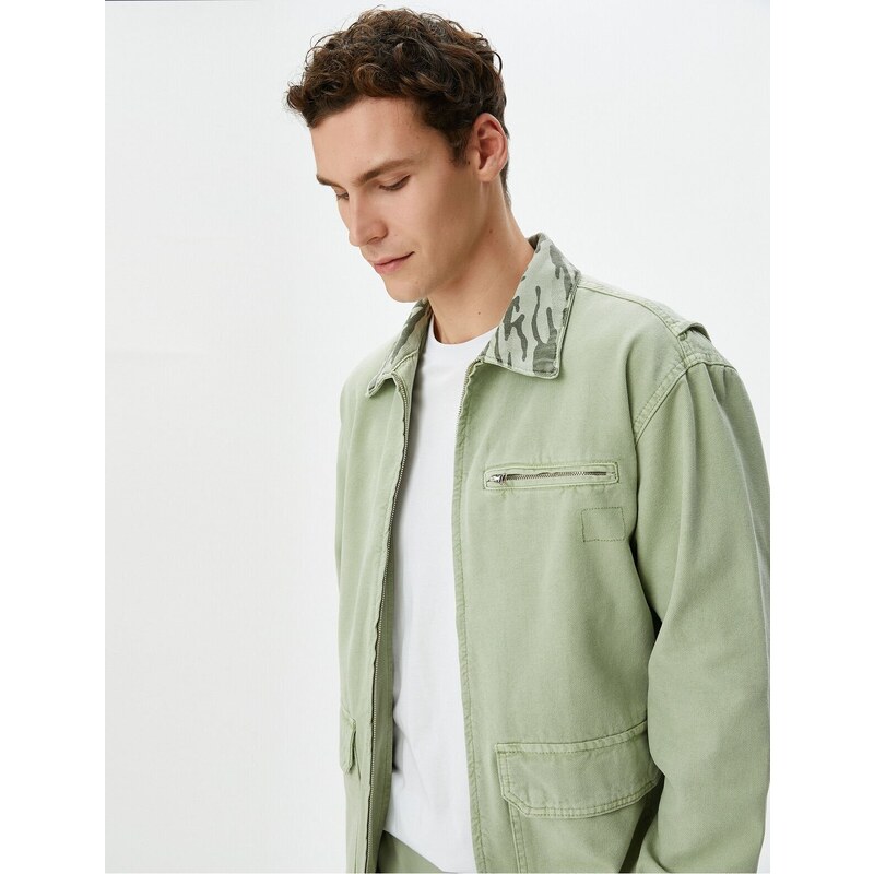 Koton Washed Denim Jacket Camouflage Collar Pocket Detailed Zipper