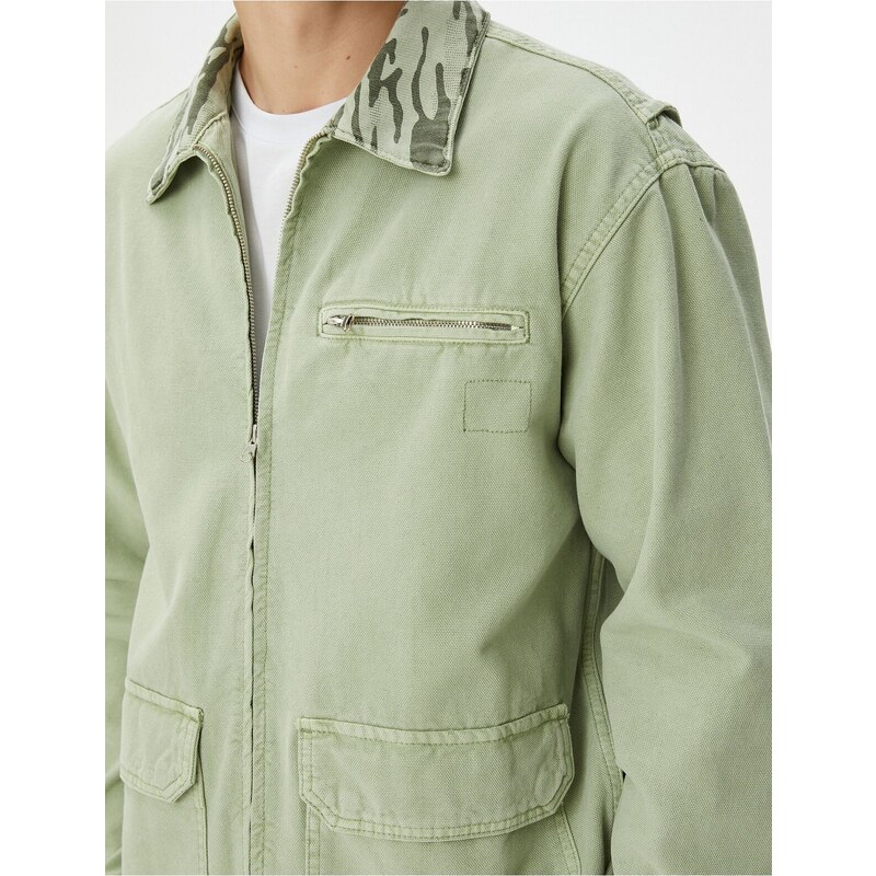 Koton Washed Denim Jacket Camouflage Collar Pocket Detailed Zipper