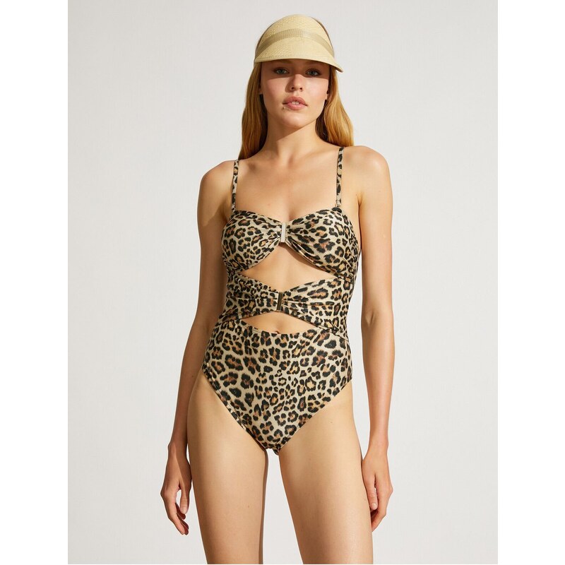 Koton Leopard Patterned Swimsuit Window Detailed Metal Accessories