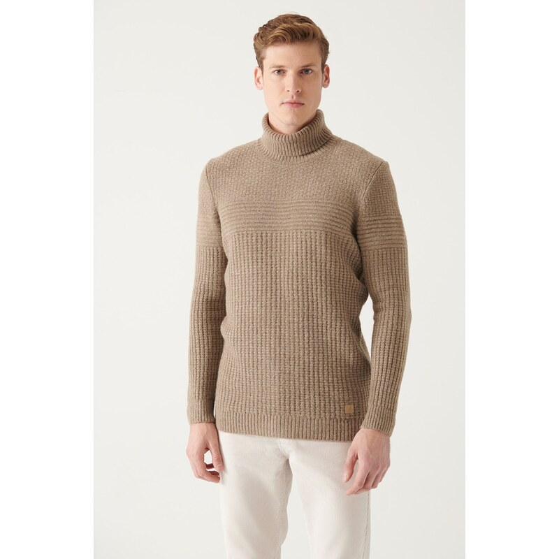 Avva Men's Mink Full Turtleneck Textured Regular Fit Knitwear Sweater