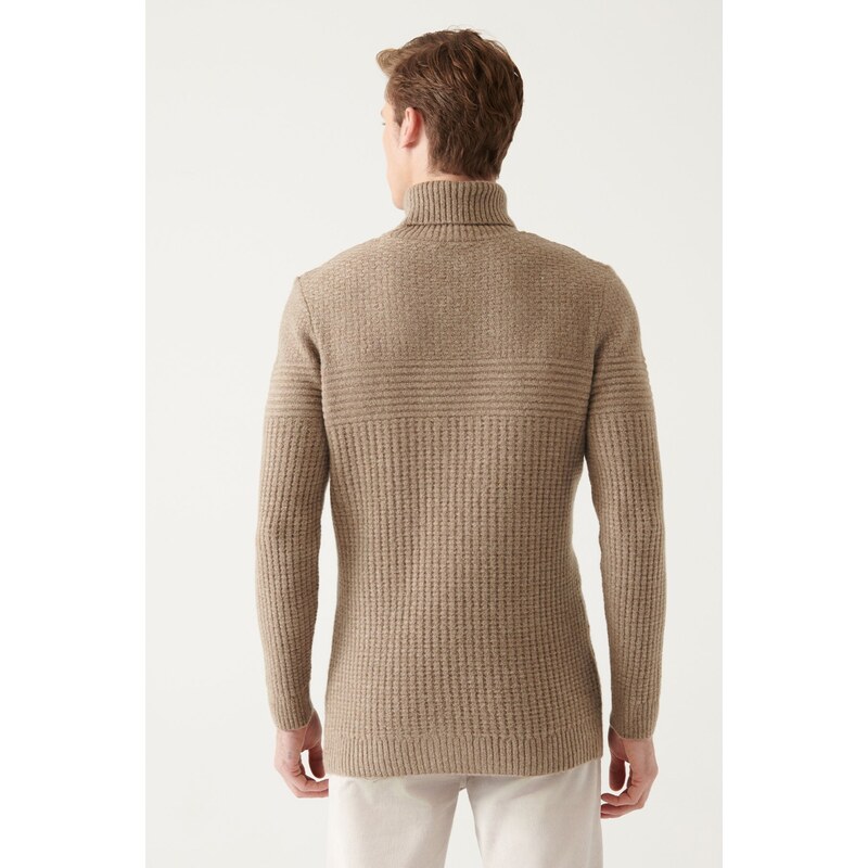 Avva Men's Mink Full Turtleneck Textured Regular Fit Knitwear Sweater