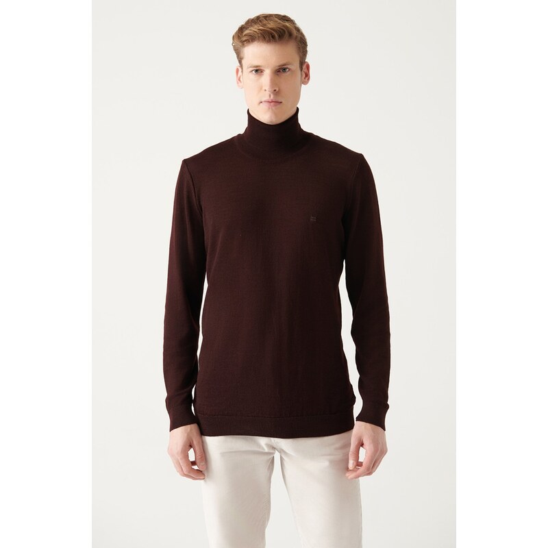 Avva Men's Burgundy Full Turtleneck Wool Blended Regular Fit Knitwear Sweater