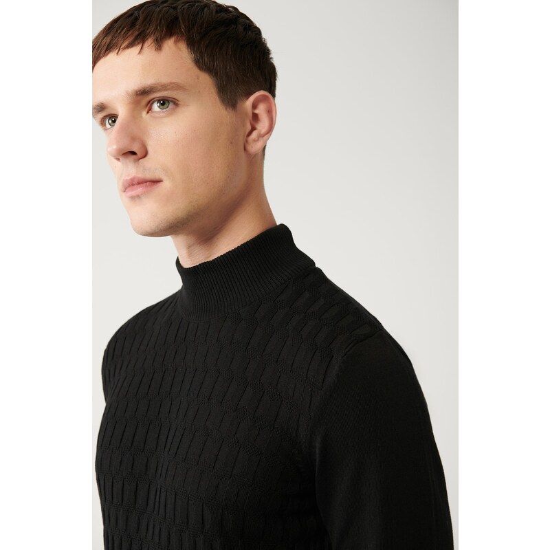 Avva Men's Black Knitwear Sweater Half Turtleneck Front Textured Cotton Regular Fit