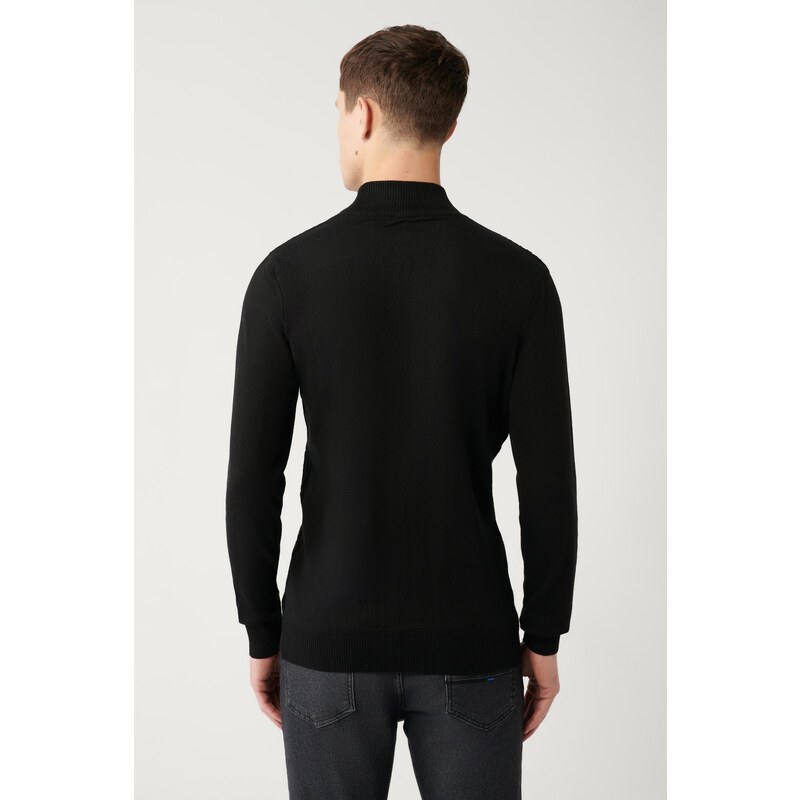 Avva Men's Black Knitwear Sweater Half Turtleneck Front Textured Cotton Regular Fit