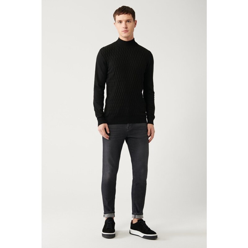 Avva Men's Black Knitwear Sweater Half Turtleneck Front Textured Cotton Regular Fit