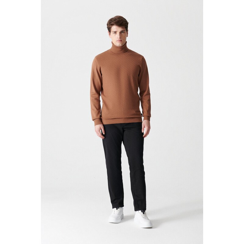 Avva Men's Camel Turtleneck Jacquard Sweater