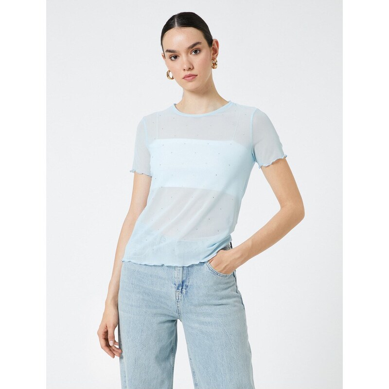 Koton See-through T-shirt with Stone Detailed Short Sleeves.